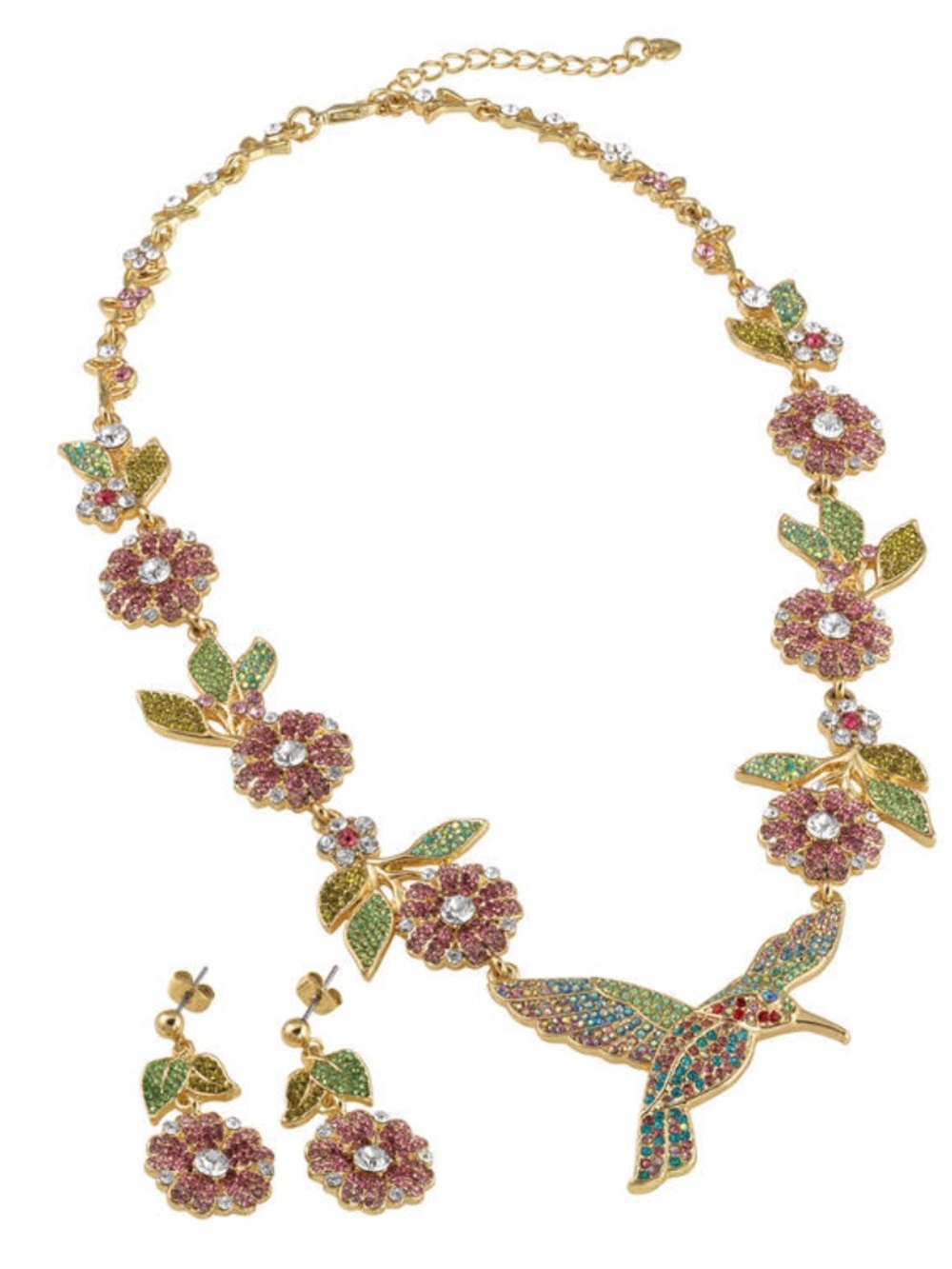 Hummingbird & Pink Flower Crystal Gold-Tone Necklace Set
